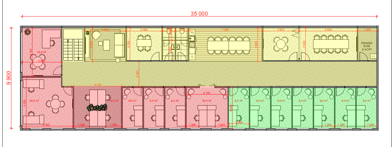 Plantegning for 2. etasje. M1 er det lille møterommet nær trappen. M2 ligger ved siden av M3, det store møterommet til høyre.